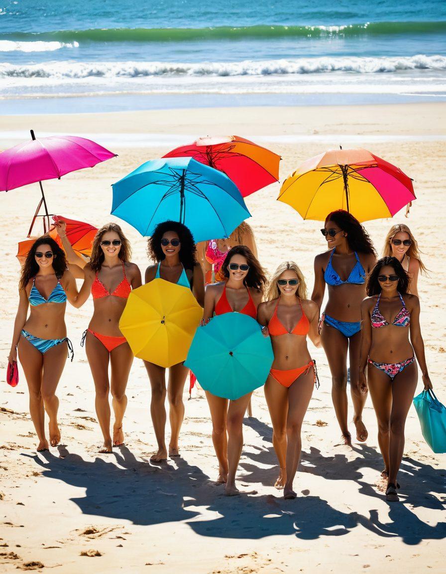 A vibrant summer scene showcasing a diverse group of friends at the beach, wearing stylish and functional swimwear. Include beach accessories like sunglasses, flip-flops, and beach bags. Sun-kissed skin, playful waves, and colorful beach umbrellas create a lively atmosphere. Capture the essence of summer fun and fashion. super-realistic. vibrant colors. sunny background.