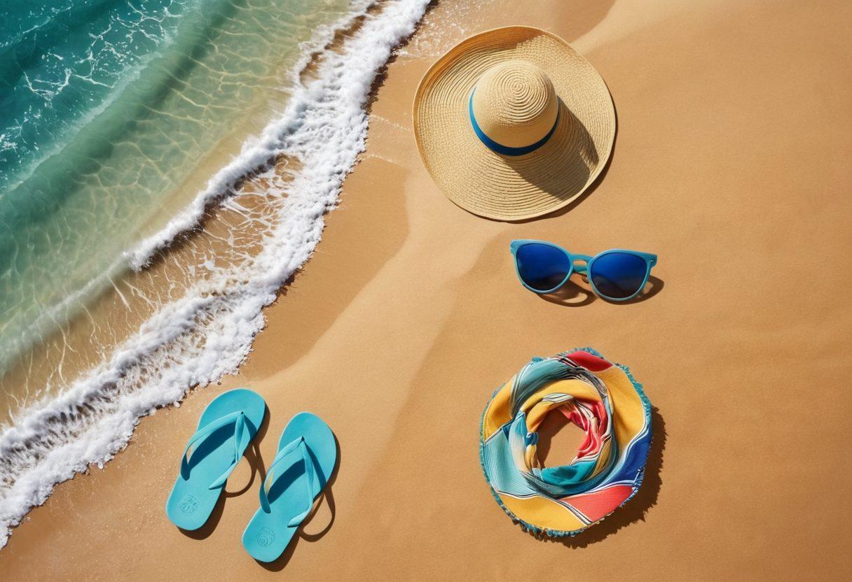 A stylish beach scene featuring various essential beachwear accessories like colorful sun hats, vibrant sunglasses, chic beach bags, and trendy flip-flops arranged artistically on a sandy beach with turquoise waves in the background. Sunlight filters through fluffy clouds, and a beach blanket adds warmth to the composition. The overall vibe is cheerful and relaxed, inspiring beach-goers to elevate their swimwear game. vibrant colors. super-realistic.
