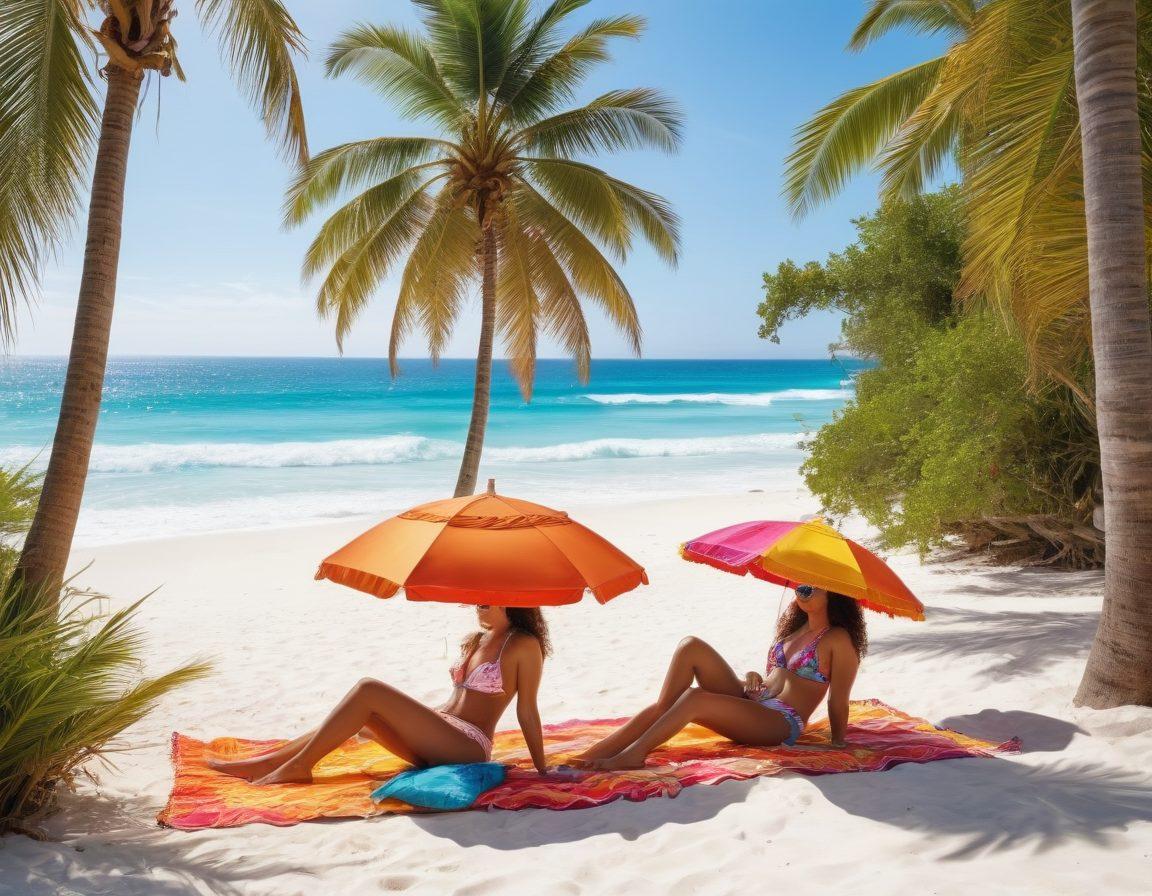 A vibrant beach scene showcasing a variety of trendy thong bikinis in bright colors, paired with essential beachwear accessories like oversized sunglasses, straw hats, and beach towels. Include sunbathers lounging under colorful umbrellas, playful waves crashing in the background, and palm trees swaying gently. The atmosphere should be warm and inviting, capturing the essence of summer style. super-realistic. vibrant colors. white sand background.